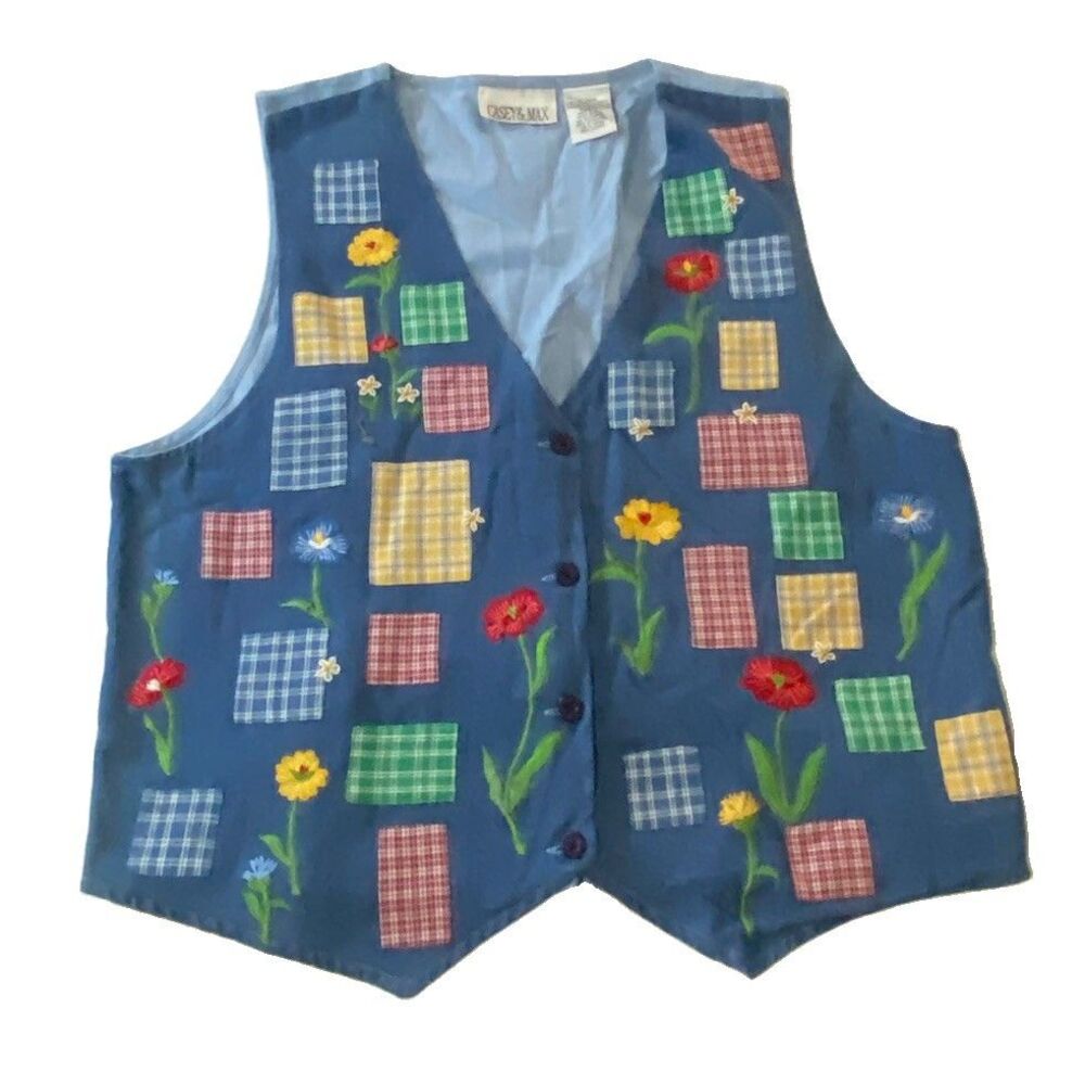VTG Casey & Max Women's L Vest Blue Cotton Patchwork Floral Embroidered Tie Back